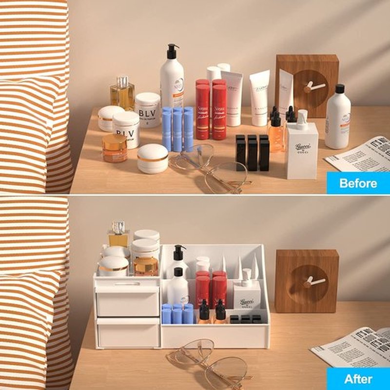 Simbuy Makeup Organizer With Drawers — Countertop Organizer for Cosmetics, Vanity Holder for Lipstick, Brushes, Lotions, Eyeshadow, Nail Polish and Jewelry (White)
