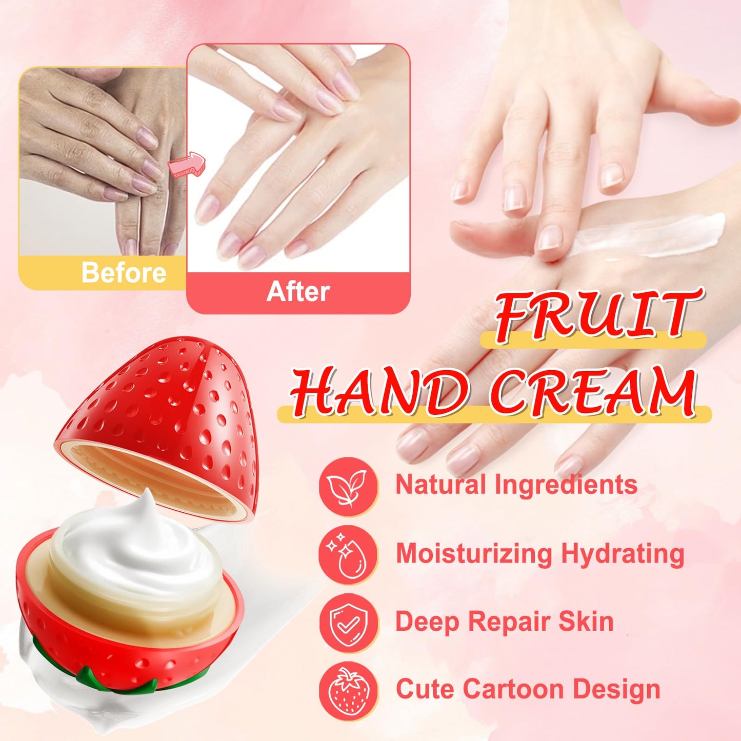 2 Pack Hand Cream for Dry Cracked Hands, Birthday Gifts for Women, Bridesmaid Gifts, Thank You Gifts, Teacher Gifts, Nurse Gifts, Lightweight & Hydrating Hand Lotion Moisturizer (Strawberry & Peach)