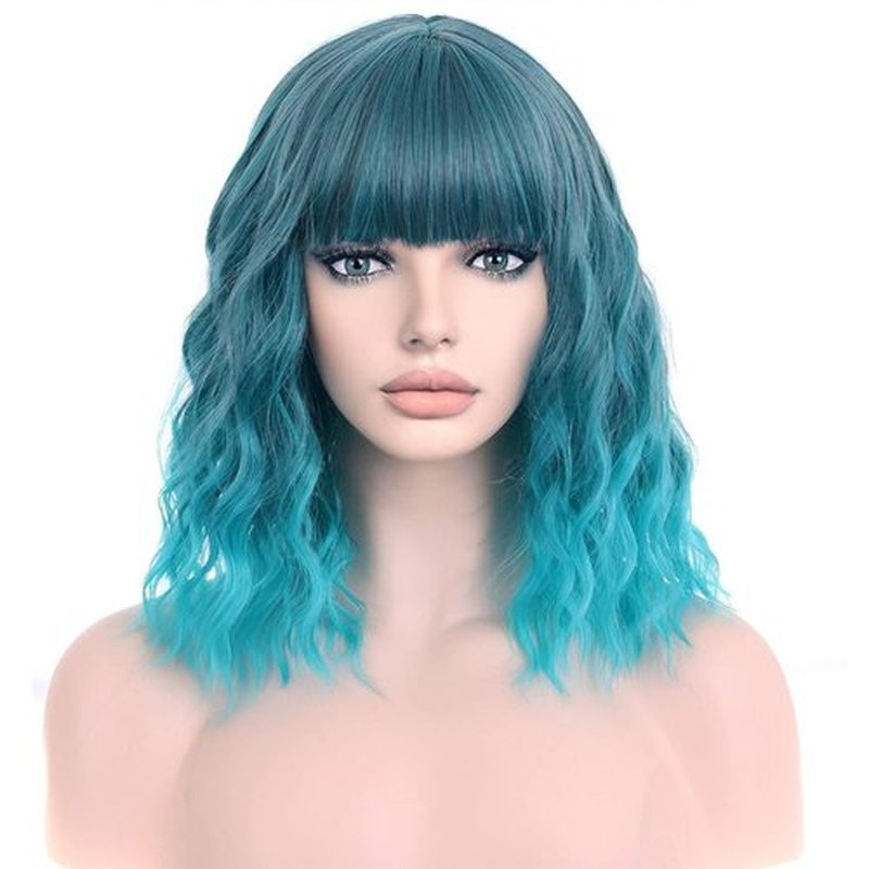 PATTNIUM Mixed Blue Wig Women Short Wavy Wig Teal Wig with Bangs Teal Blue Bob Wig Women Girls Heat Resistant Synthetic Fiber Cosplay Costume Wig (Mixed Blue)