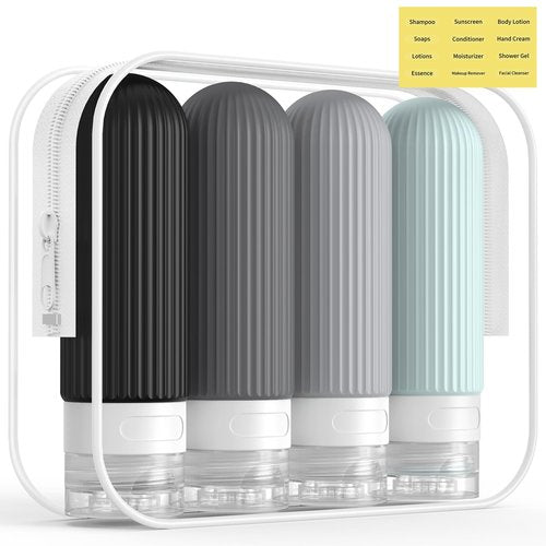 ME.FAN Travel Bottles for Toiletries, TSA Approved 3oz Silicone Travel Size Containers/Portable Split Bottle, Travel Accessories for Conditioner, Shampoo, Lotion - 4 Pack Grey