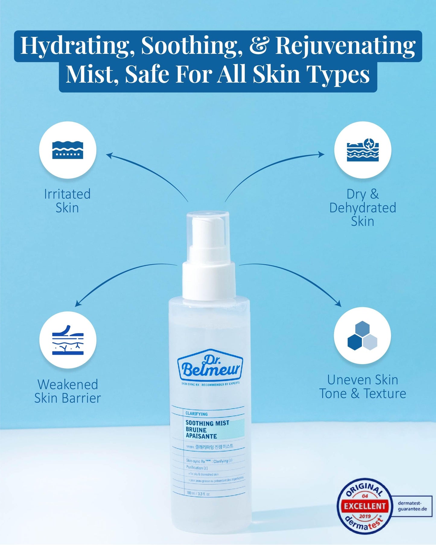 Dr. Belmeur Clarifying Soothing Mist (3.4fl oz) - Gentle, Hypoallergenic for Hydration, Soothing. Korean Skin Care. Beta-Glucan, Chaga Mushroom.