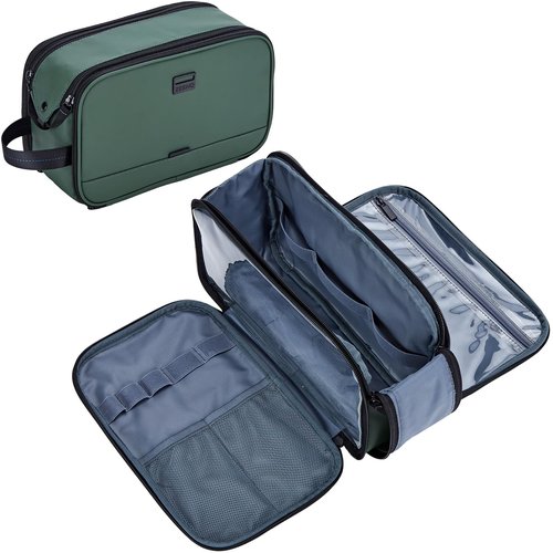 ZEEMO Toiletry Bag for Men, Extra Large Water-resistant Dopp Kit with Double Side Full Open Design, Shaving Bag for Toiletries and Shaving Accessories for Long Travel, Green