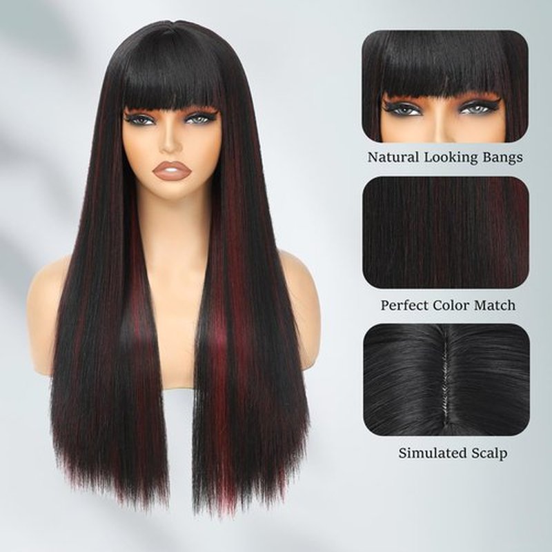 Amarlis Black with Red Wigs for Women, Long Straight Stripes Color Wigs with Bangs, Natural Looking Soft Synthetic Fiber Wig for Daily Party