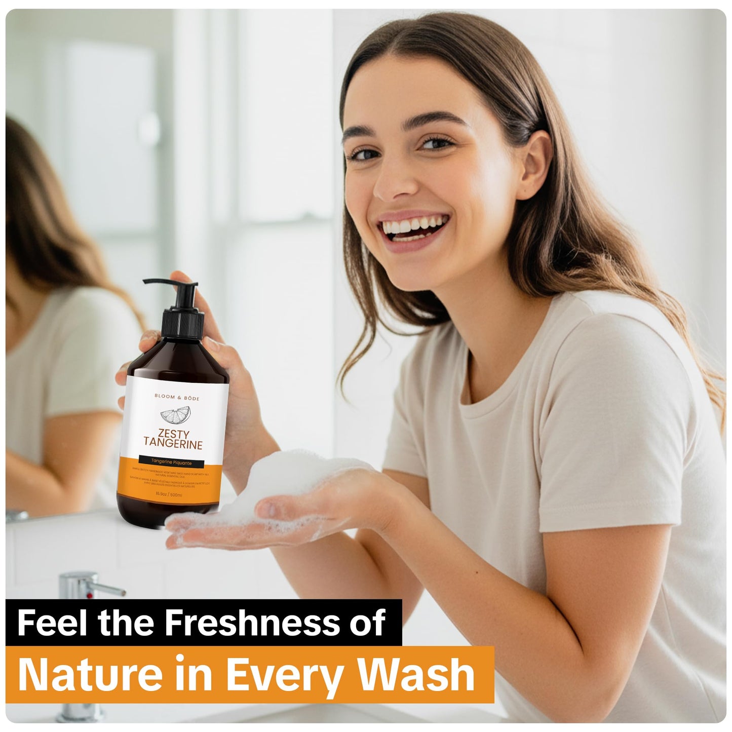 Bloom & Bōde Luxury Liquid Hand Soap - Natural Scented Hand Wash - Gentle Hand Soap with Essential Oils & Aloe Vera - Moisturizing Handwash for Bathroom and Kitchen - Zesty Tangerine Scent, 16.9oz