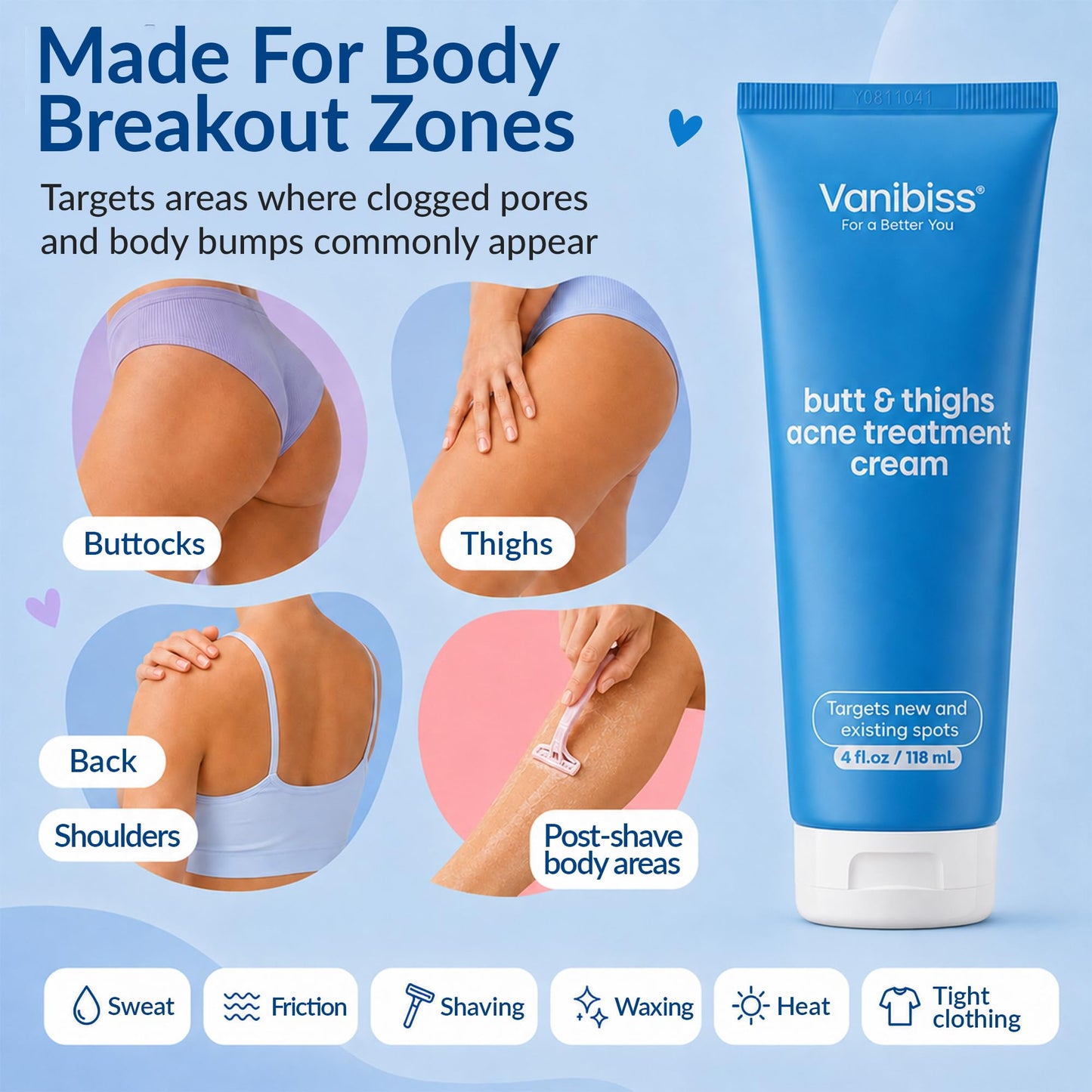 Vanibiss Butt & Thighs Acne Treatment Cream, 2% Salicylic Acid, 4 fl.oz
