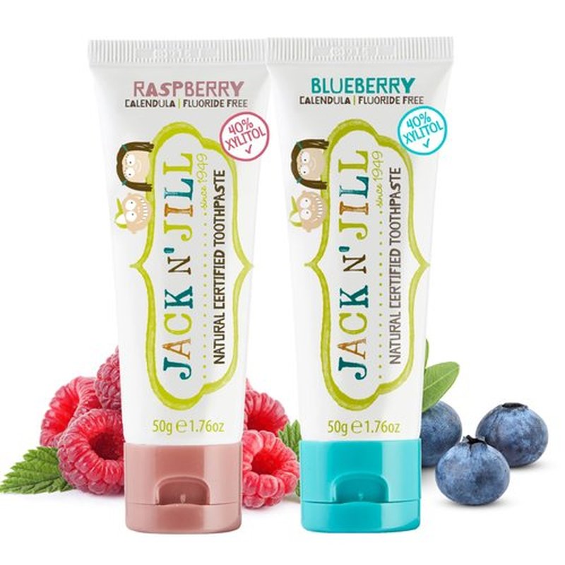 Jack N' Jill Natural Toddler Toothpaste for Baby, Kids and Infants 6 Months & Up, Fluoride Free Training Toothpaste for Toddlers 1-3, 40% Xylitol, BPA Free - Blueberry & Raspberry 1.76 oz (Pack of 2)