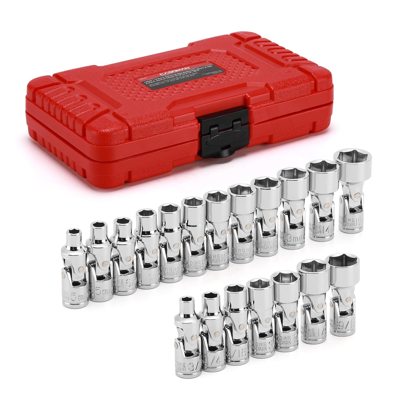 CASOMAN 19PCS 1/4" Drive Universal Joint Socket Set, Metric(5mm to 15mm) & SAE(3/16" to 9/16"), Flexible Wobble Sockets for Easier Access to Tight Spaces, 6-Point, Cr-V
