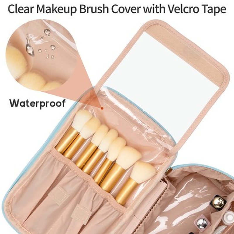 OCHEAL Makeup Bag, Portable Cosmetic Bag, Large Capacity Travel Makeup Case Organizer, Black Makeup Bags For Women Toiletry Bag for Girls Traveling With Handle and Divider-Lake Blue