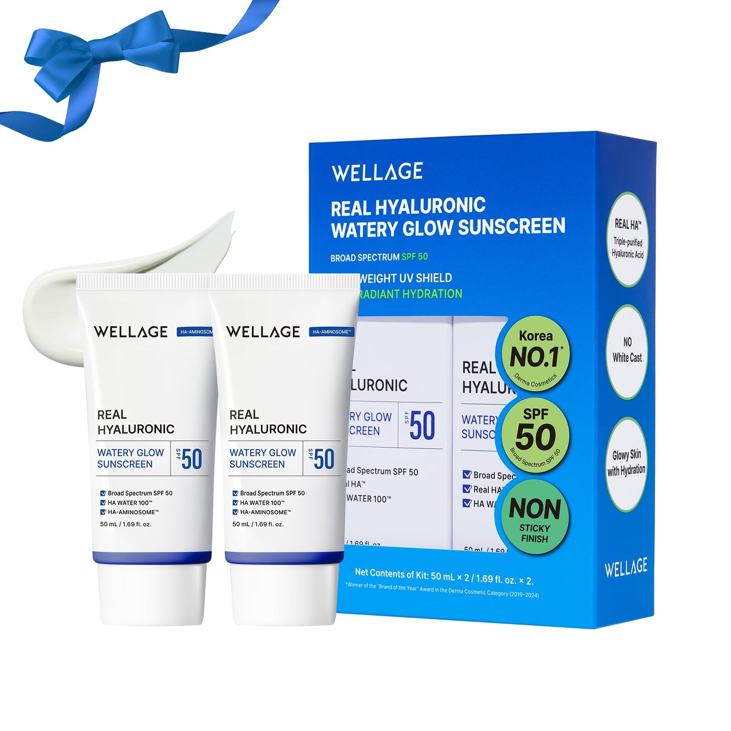 WELLAGE Real Hyaluronic Watery Glow Sunscreen SPF50 1.69 fl.oz (2 Pack), No White Cast