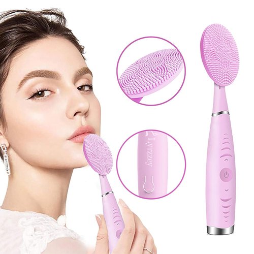 Sonic Facial Cleansing Brush, Lyrzzey Portable Handled Face Cleansing Brush with 5 Adjustable Speeds Vibrating Rechargeable Face Cleansing Brush for Deep Cleaning Gentle Exfoliating Massaging(Pink)