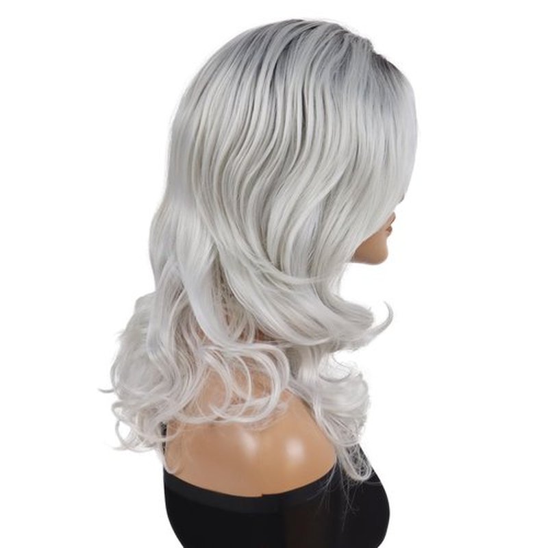 GNIMEGIL 20 Inch Long Silver Platinum Wig Natural Female Wigs Black Roots Ombre Grey Silver Wigs Heat Resistant Premium Synthetic Daily Party Wigs for Women