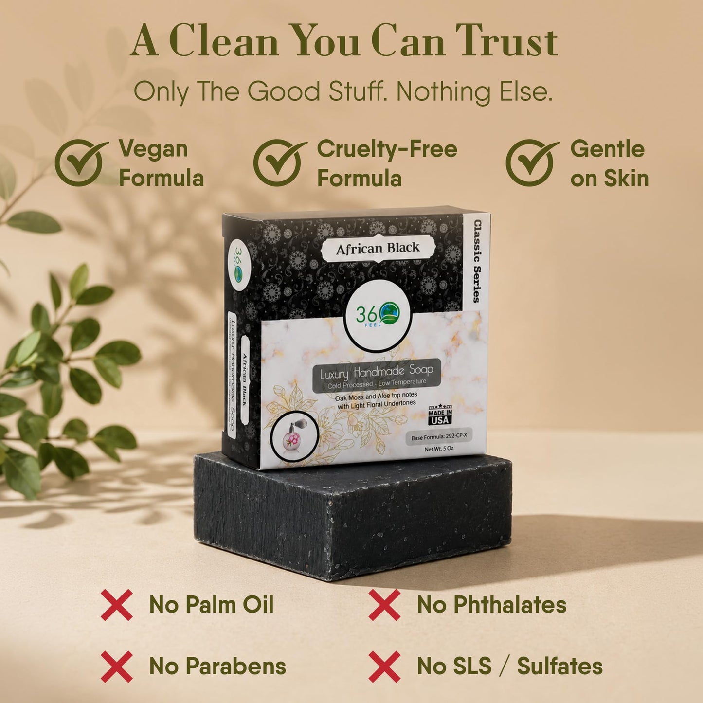 360Feel African Black Soap - Made in The USA - Castile Handmade, All-Natural, Cold-Processed - Infused with African Black Soap and a Soothing Scent - Rich, Creamy Lather (5 oz)