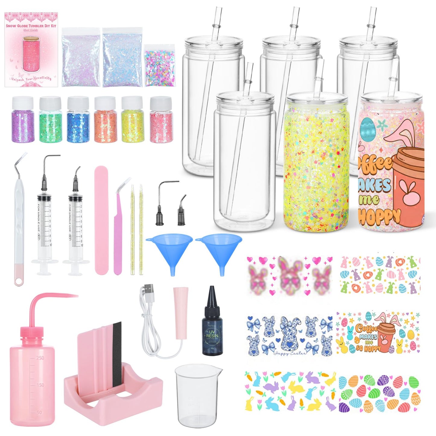 Snoverre 6 Pack 16 Oz Easter Themed Acrylic Snow Globe Tumbler DIY Starter Kit, Double Wall Plastic Pre-Drilled Snowglobe Tumbler Supplies Craft Tool Set, Including Uv Dtf Wrap