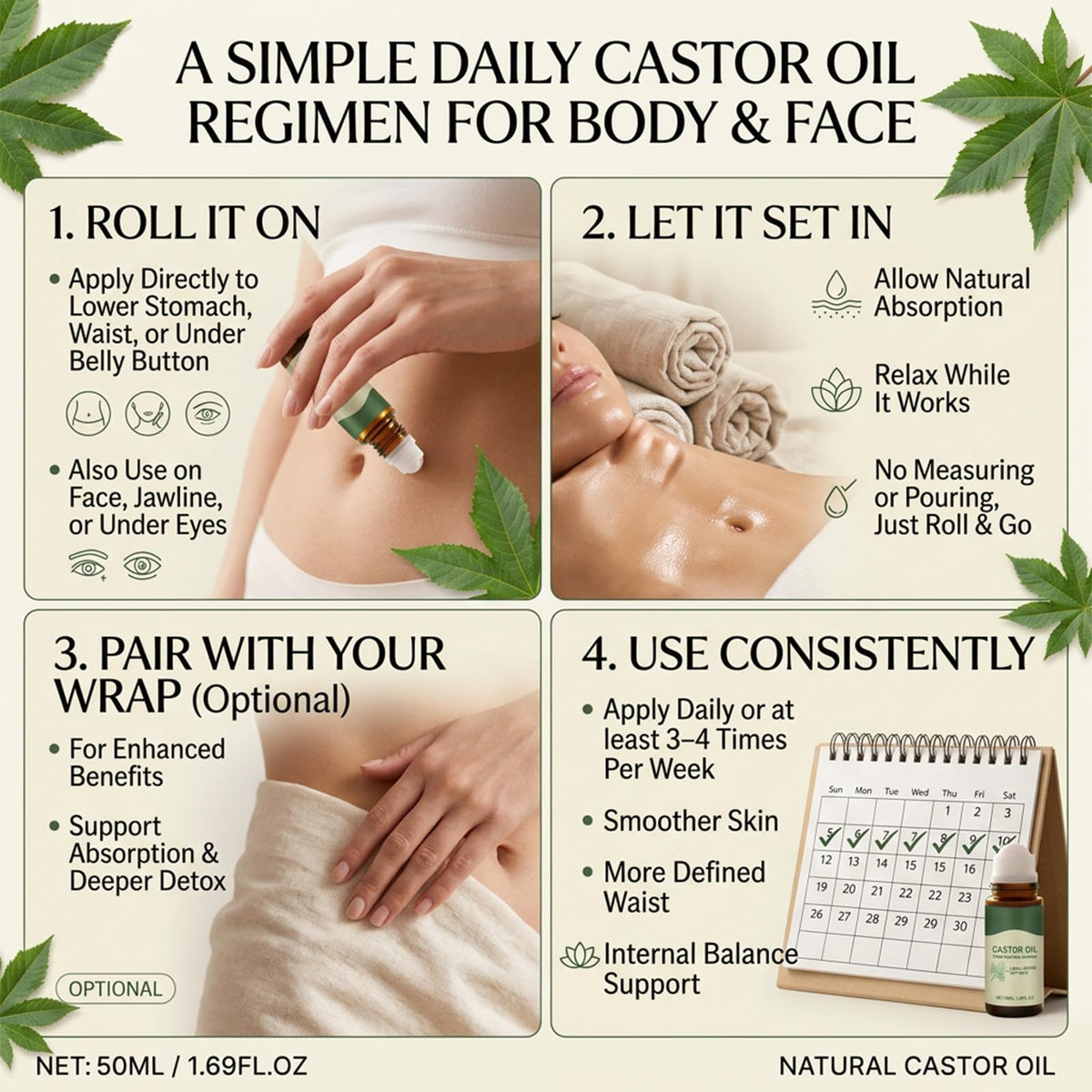 Vexivo Organic Castor Oil Roll-On, Cold-Pressed Pure Beauty Oil, Mess-Free Formula for Skin, Brows, Lashes & Body Care, 1.7Floz 50ml in Amber Glass Bottle (1 Pcs)