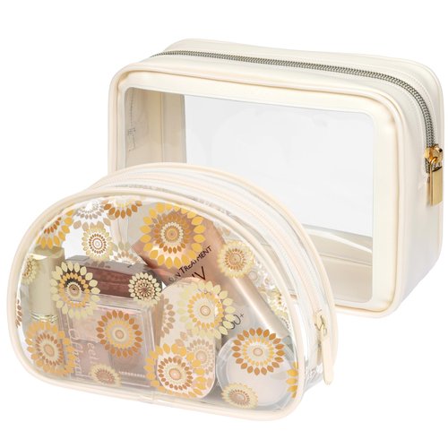 PACKISM TSA Approved Toiletry Bag - Beige Bohemian Print Clear Shell Bag and Upgrade Color-Edged Clear Makeup Bag, Perfect for On the Go or Travel, Lightweight and Robust, 2 Pack
