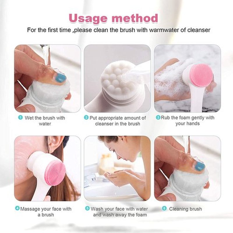Face Brush - Manual Facial Cleansing, Double Side Skin Care Facial Cleaning Brush, Silicone Facial Scrubber Manual Dual Face Wash Brush for Deep Pore Exfoliation Makeup Massaging (Pink)