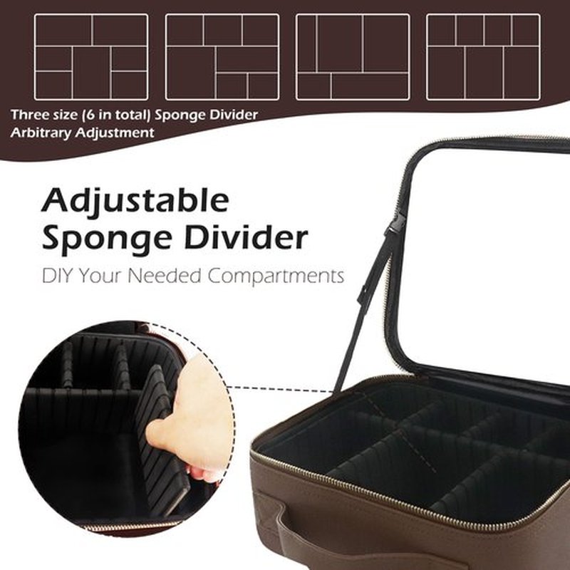 MOMIRA Makeup Bag with Mirror and Light Travel Makeup Train Case Cosmetic Bag Organizer Portable Artist Storage Bag with Adjustable Dividers Makeup Brushes Storage Organizer Brown