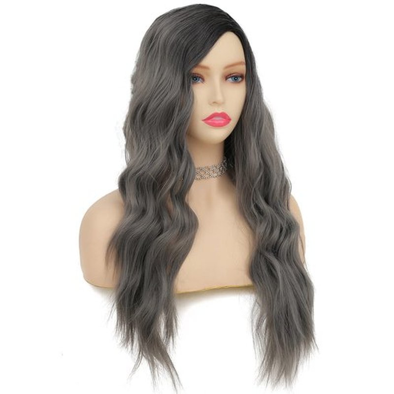 Tseses Ombre Grey Black Curly Wavy Long Wigs for Women Synthetic Hair Wigs Dark Roots Hair Women Full Wig Cosplay Halloween Party Daily Use (Ombre Grey)
