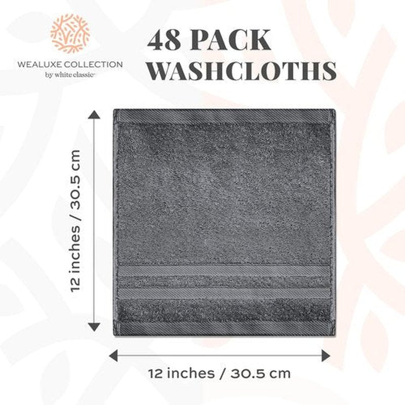 White Classic Wealuxe Grey Washcloths for Body and Face Towel, Cotton Wash Cloths Bulk 48 Pack, Wash Clothes 12x12 Inch, Soft Absorbent Gym Towels