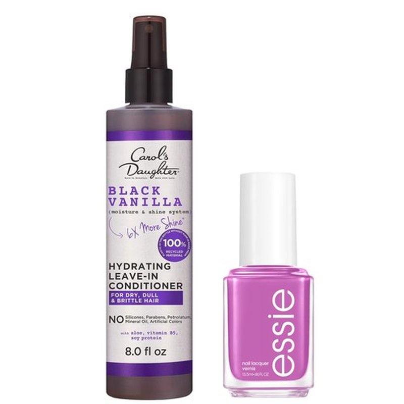 Carol's Daughter Purple Bundle Black Vanilla Leave In Conditioner for Curly, Wavy or Natural Hair, 8 Fl Oz + essie Salon-Quality Vegan Nail Polish, Bright Purple, Play Date, 0.46 fl oz