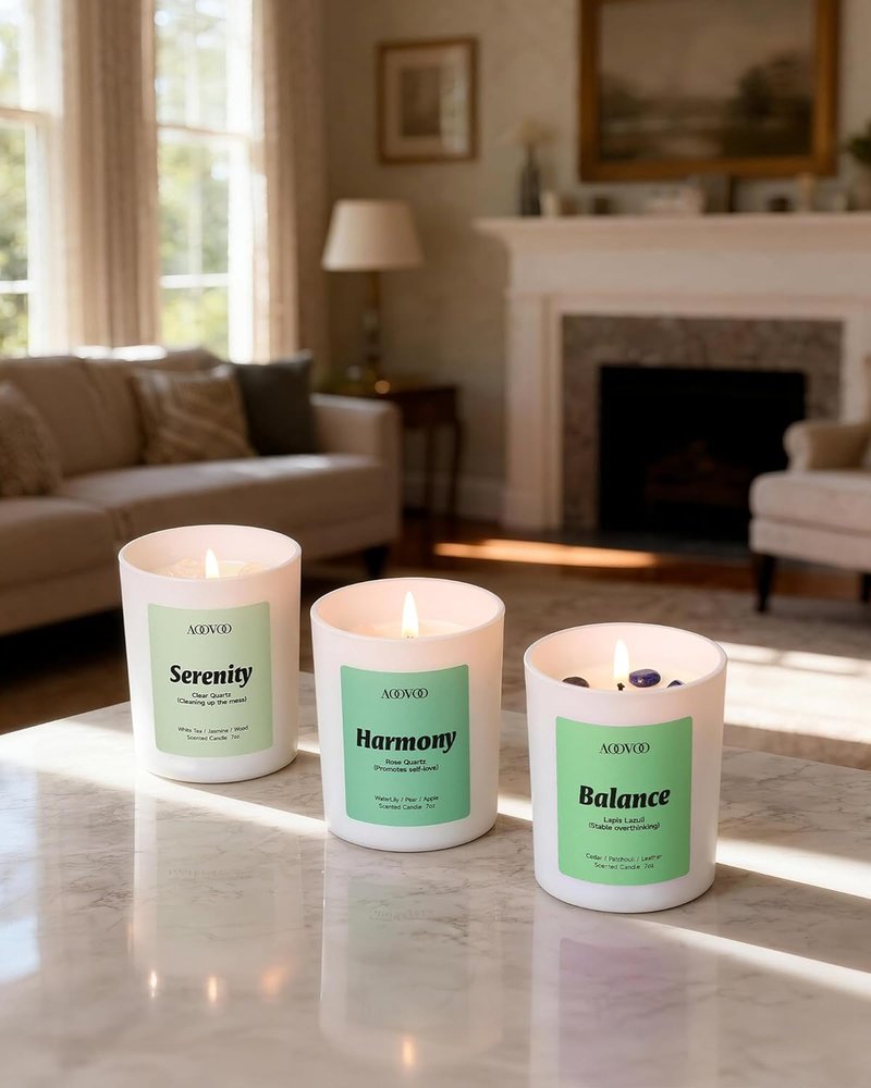 Calm Candles Set - Aromatherapy Scented Candles for Home | 4 Pack, 28 oz, 200 Hour Burn, Crystals Included