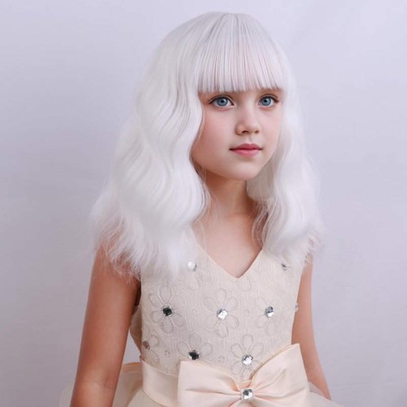 DUDUWIG White Wig for Girls Kids Short White Wig with Bangs Short White Wavy Curly Wigs Synthetic Cosplay Wig Hair Wig