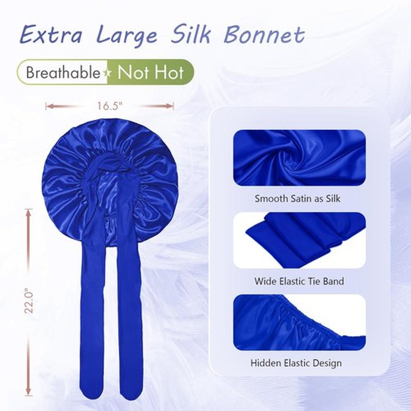 BONNET QUEEN Silk Satin Bonnet for Sleeping Women Adjustable for Curly Dryer Braid Wig Hair Tie Band Night Hat Cap Loc Soft Elastic Blue