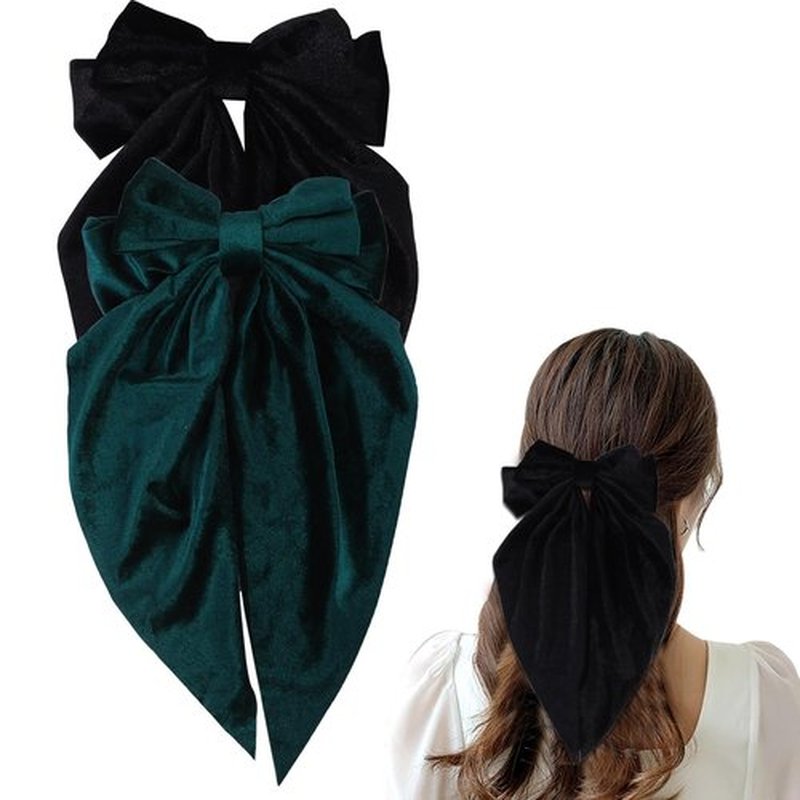 Oversized Velvet Hair Bows for Women Girls,Long Tail Handmade Bowknot Barrettes Velvet Bows Hair Accessories (Green & Black)