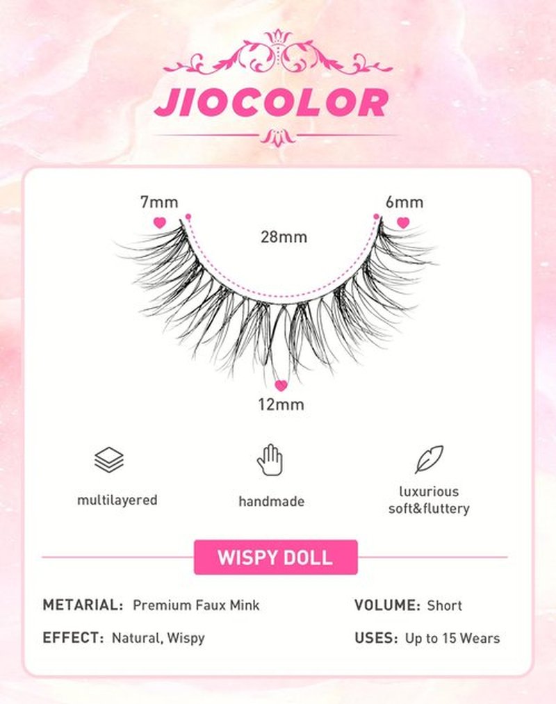 Lashes Natural Look, Wispy Eyelashes, Jiocolor False Eyelashes Natural Look, Fluffy Fake Mink Lashes,12 mm Strip Lashes 10 Pairs D1