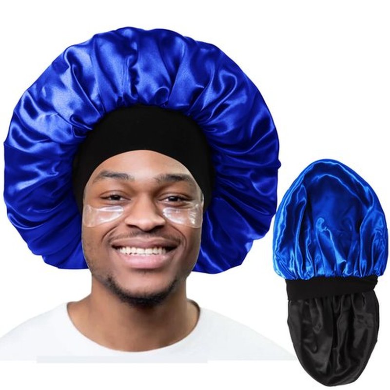 Bonnet for Men,Hair Bonnet for Sleeping,Double Layer Satin Bonnets for Black Women Curly Hair Braids,Reversible Sleep Cap (Large,Black/Royal Blue)