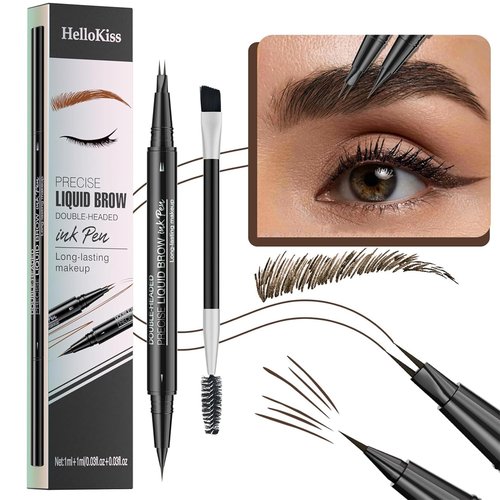Magical Curved Brow Pen, Trailott Eyebrow Pen 2 Fork Tip, Trailott Microblading Eyebrow Pen, HelloKiss Precise Liquid Brow Double Headed ink Pen Long-lasting Makeup Waterproof (4# Black Brown)