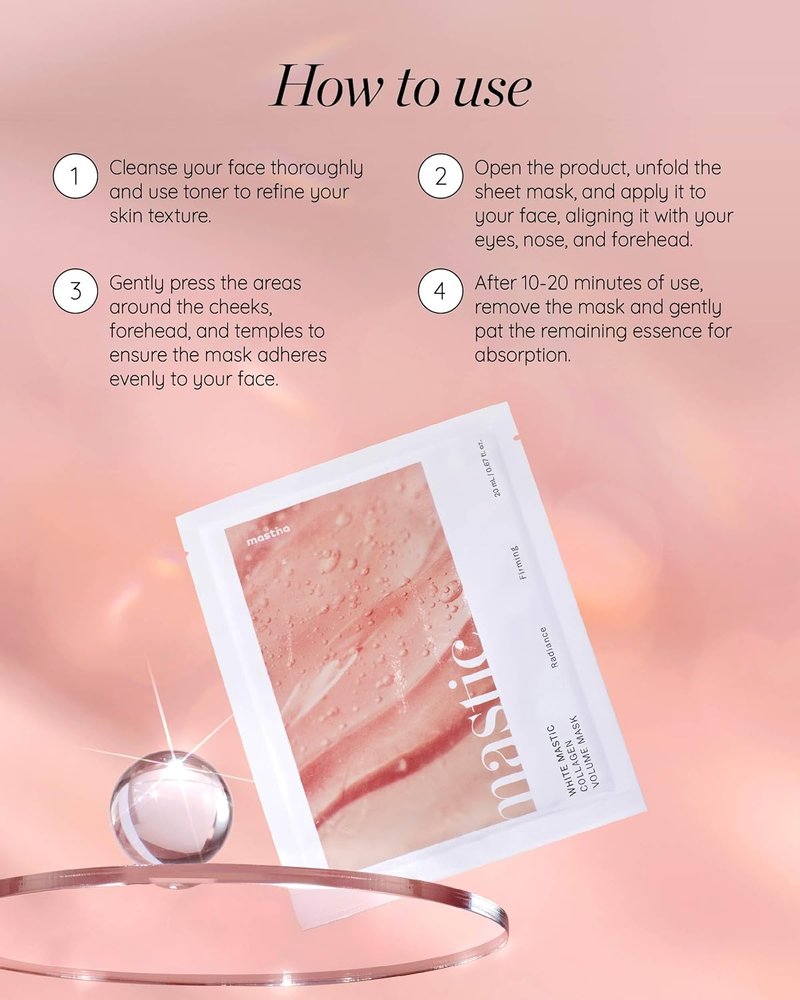 Mastic Collagen Face Sheet Mask - Korean Anti-Aging Treatment with Hyaluronic Acid | 4 Pack for Firming & Hydration