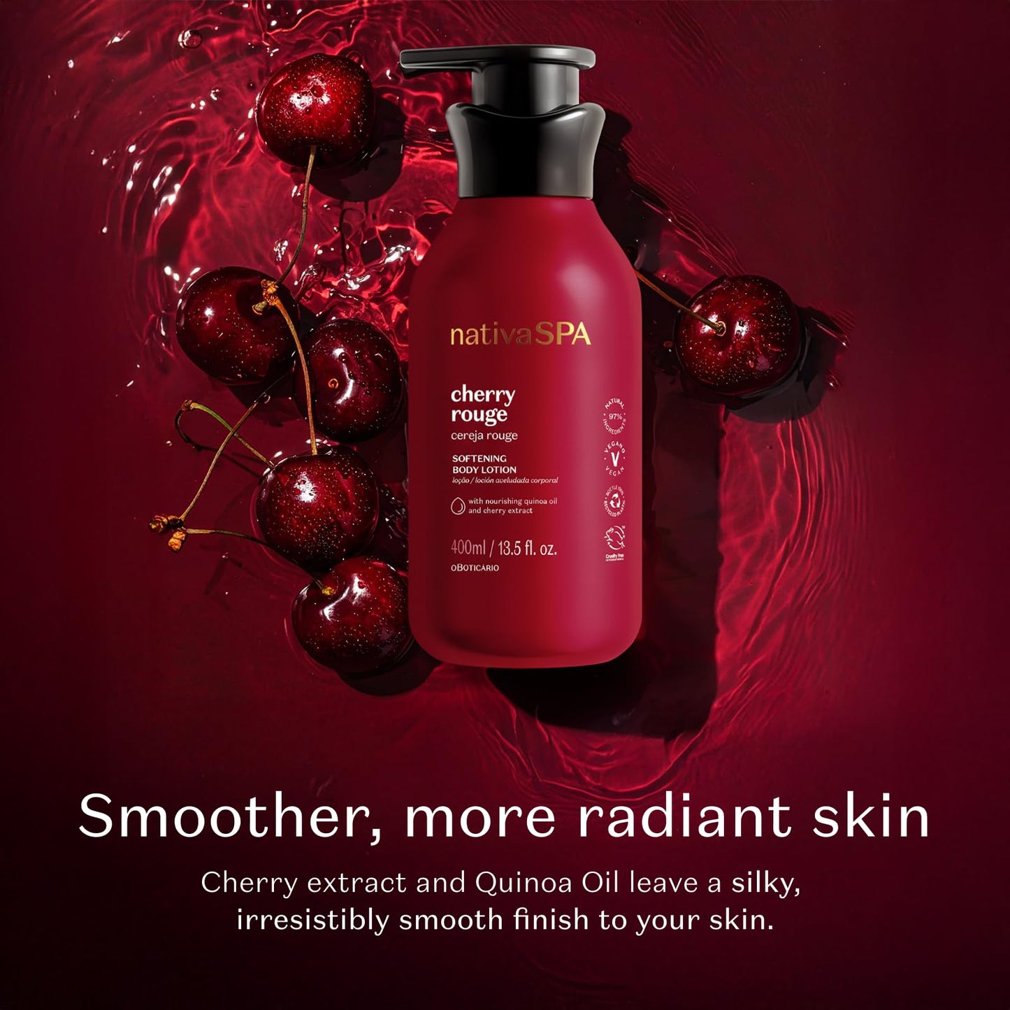 O Boticário Nativa SPA Cherry Rouge Velvety Body Lotion, Bold Oriental Amber Fragrance with Cherry Extract & Quinoa Oil, Collagen Boosting Hydration, 13.5 Ounce (400ml)