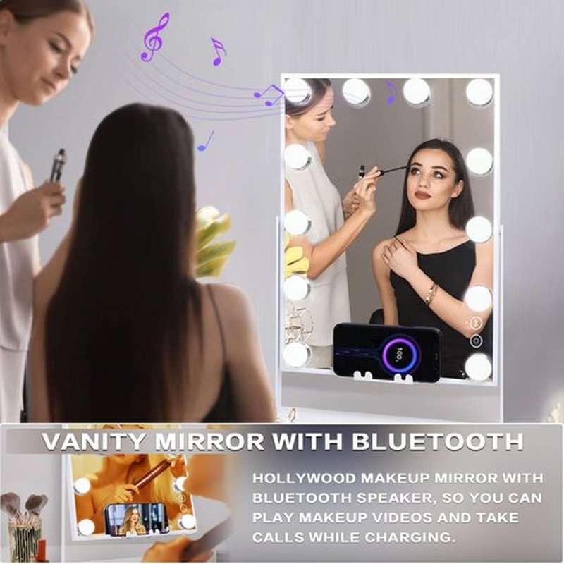 Leishe Hollywood Vanity Mirror with Lights and Speaker Lighted Makeup Mirror with Wireless Charging and 3 Lighting Modes, Detachable 10x Magnification (11.81" x 16.14")