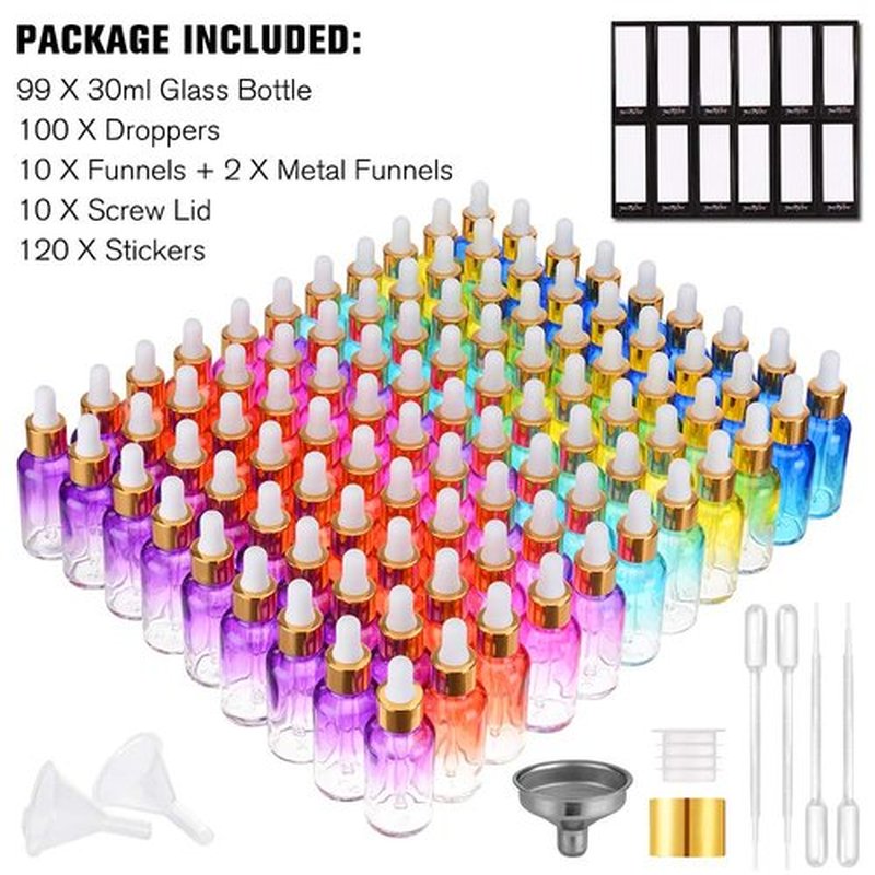 PrettyCare Eye Dropper Bottle 1 oz (99 Pack Rainbow Colored Glass Bottles 30ml with Golden Caps, Extra Plastic Measured Pipettes, Labels, Funnel) Empty Tincture Bottles for Essential Oils