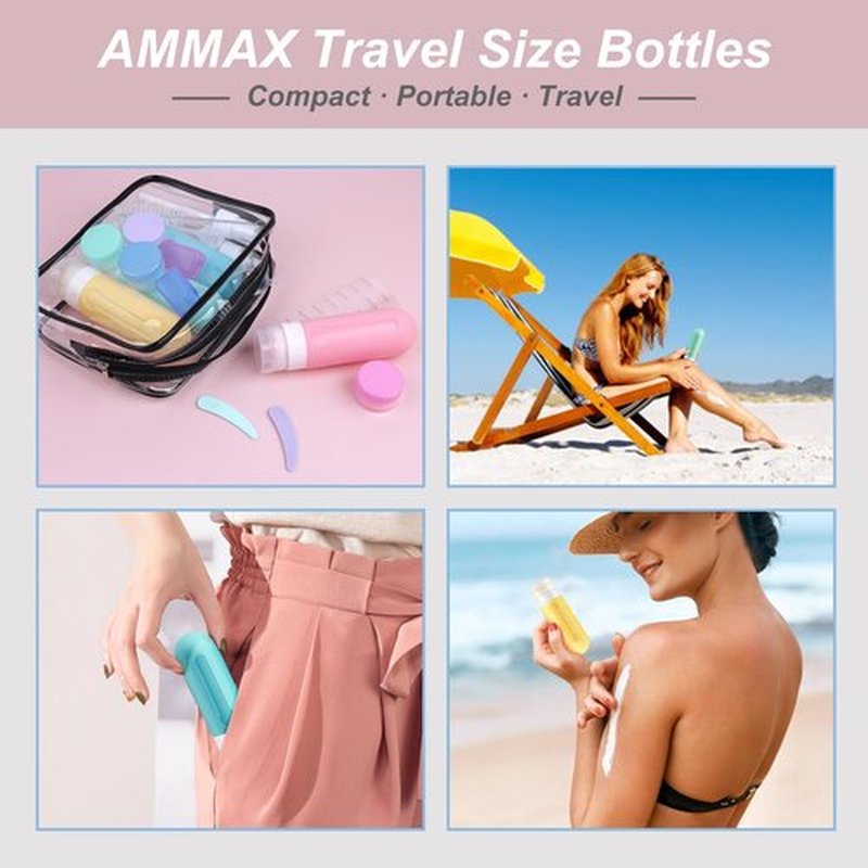AMMAX 19 Pack Leak Proof Silicone Travel Bottles Set, TSA Approved Containers for Toiletries, Travel Size Accessories and Shampoo Conditioner Bottles with Toiletry Bag