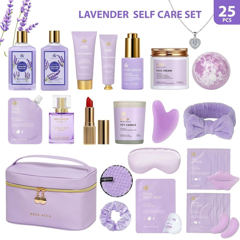 Lavender Bath & Body Gift Basket Set - 25 Pcs Hydrating Skin Care for Women | Self-Care Spa Gifts, Necklace Included
