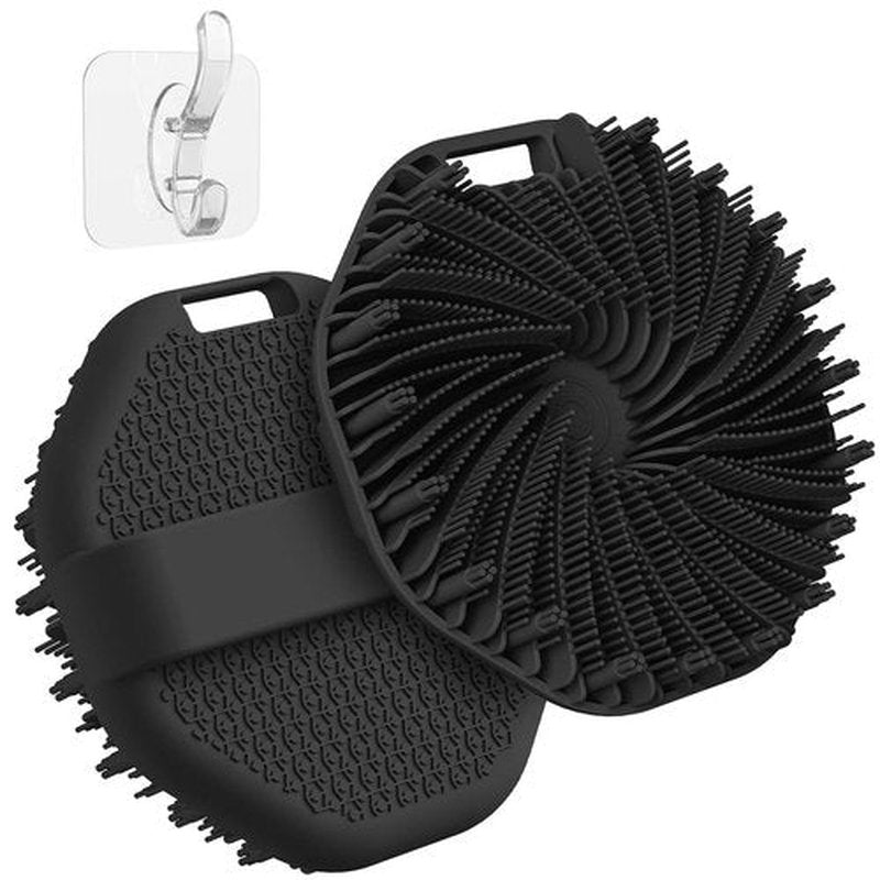 ManmiHealth 2 PCS Silicone Body Scrubber Shower Brush, Upgrade Super-Exfoliating Shower Scrubber with Non-Slip Hand Strap, Silicone Body Buffer for Use in Shower with a Free Hook (Black*2)