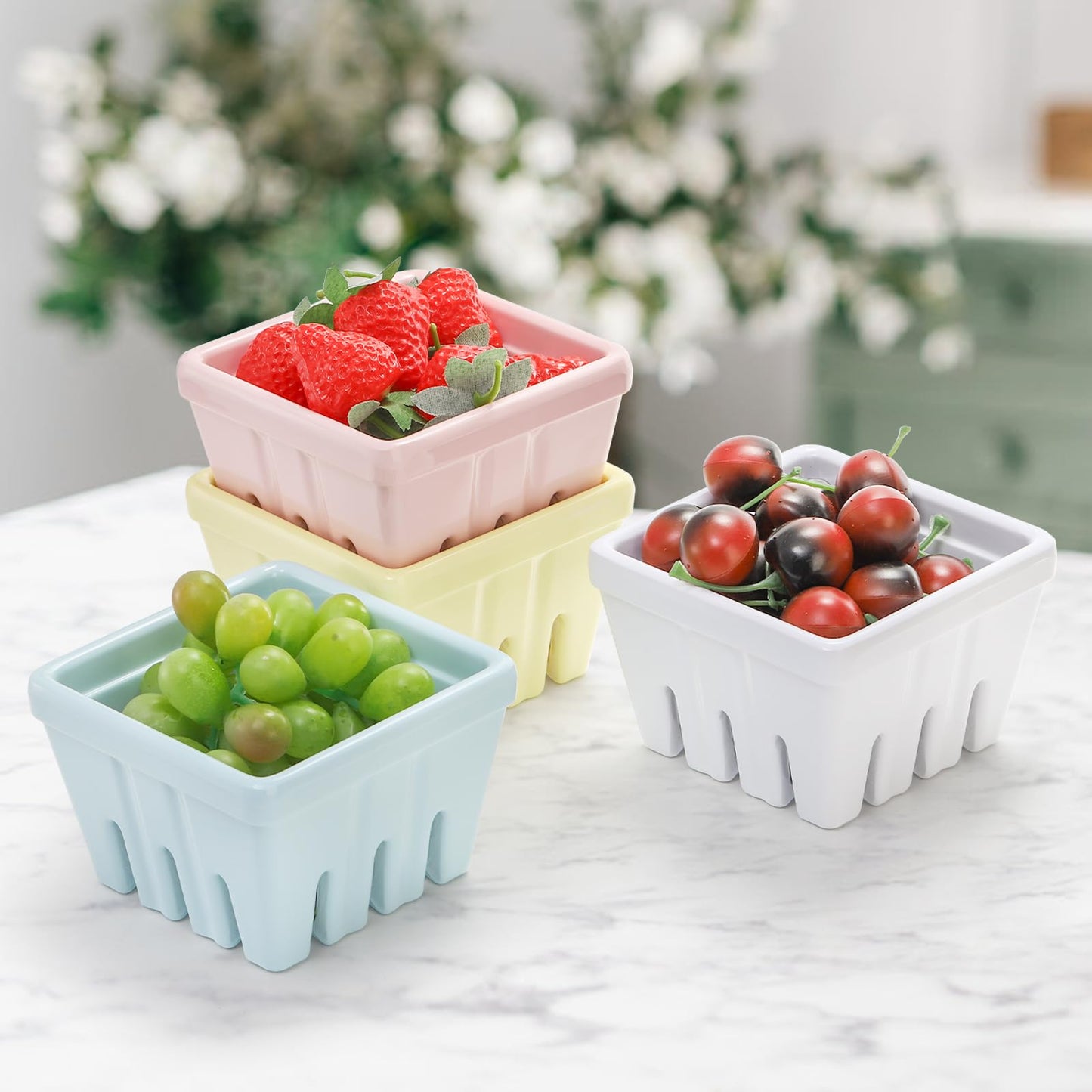 ZEAYEA Set of 4 Melamine Berry Basket, Berry Bowl With Holes, Square Kitchen Fruit Basket for Christmas, 4" Colander Cute Small Container for Strawberry, Grape, Cherry, Berries