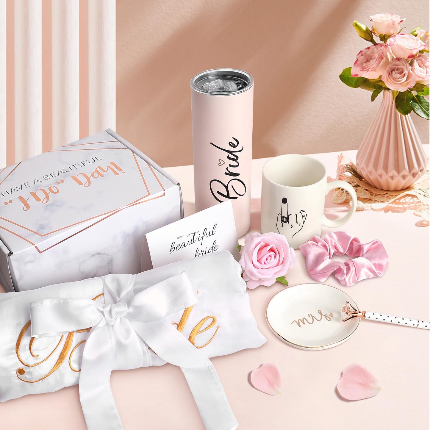 Frerdui 8Pcs Bridal Shower Gift, Bride to Be Gifts, Bridal Shower Gifts for Bride to Be, Gift Box Sets Bridal Silk Robes Tumbler Cup Mug Jewelry Tray, Wedding Engagement Gift for her(M)