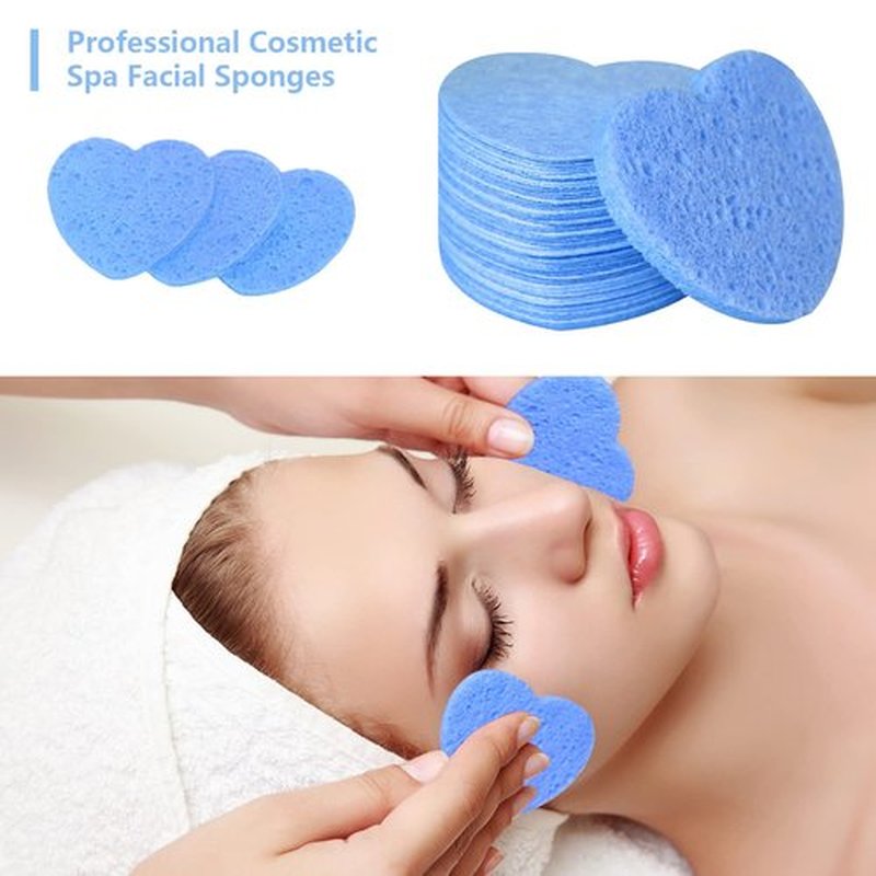 100-Count Compressed Facial Sponges for Estheticians Heart Shape Natural Cellulose Sponge Professional Cosmetic Spa Sponges for Face Cleansing, Massage, Pore Exfoliating, Mask, Makeup Removal, Blue