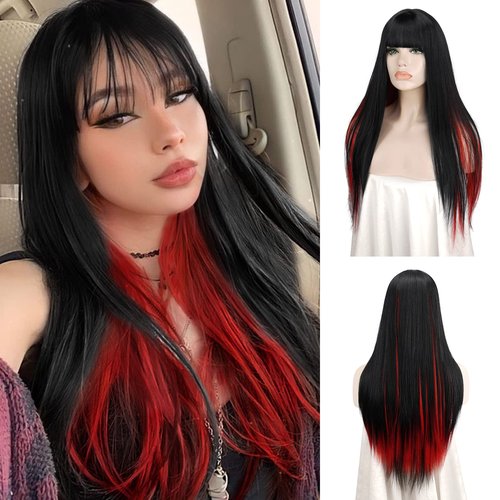 SOFEIYAN Long Straight Wig with Bangs Black&Red Synthetic Hair Replacement Wigs Heat Resistant Full Wig for Women Girls 26 inches