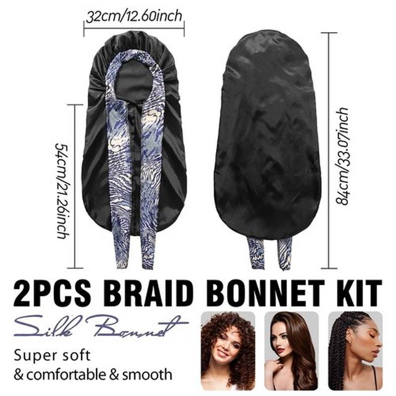 2Pack Bonnets for Black Women Braid Bonnet, Large Long Bonnet Satin Bonnet for Braids,Black Women Silk Bonnet with Stretchy Tie Band Braid Bonnet for Sleeping Extra Long (Pink &Black Pattern)