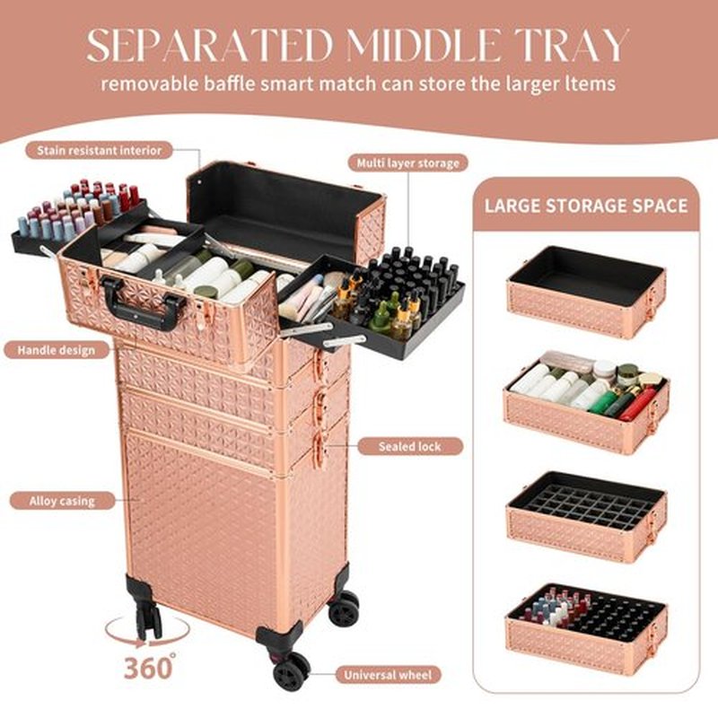 Leeora&Leekoo Portable Multi-Storey Nail Case for Nail Tech Organizer - Wheels Makeup Case Organizer, Cosmetic Case, Makeup Train Case, Make Up Case (Rose Gold)