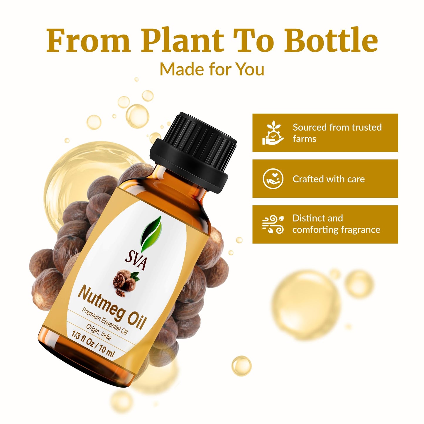 SVA Nutmeg Essential Oil – 1/3 Fl Oz – 100% Natural Nutmeg Oil - for Diffuser, Hair Care, Face, Skin Care, Aromatherapy, Scalp and Body Massage, Soap and Candle Making