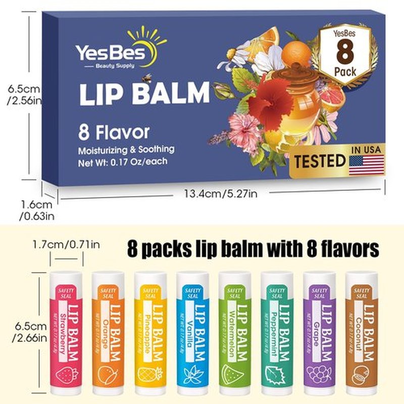 YesBes Lip Balm, 8 Pack Natural Bulk with Vitamin E & Coconut Oil, Moisturizing Dry Cracked Lips Protection, 8 Flavors - Stocking Stuffers