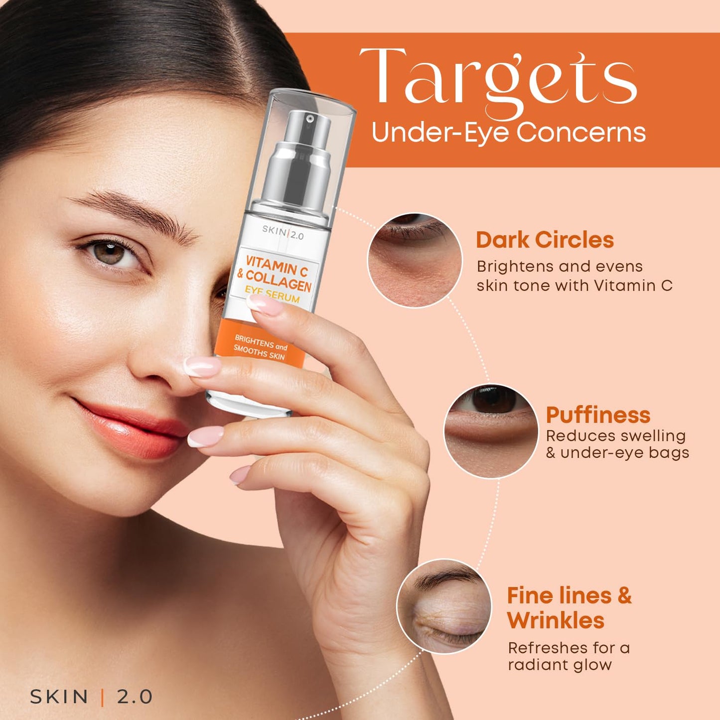 Skin 2.0 Vitamin C & Collagen Under Eye Serum – Dermatologist Tested, Anti Aging Korean Skin Care – Targets Dark Circles, Puffiness & Fine Lines for Smoother, Firmer Eyes – Vegan Clean Beauty, 1 fl oz