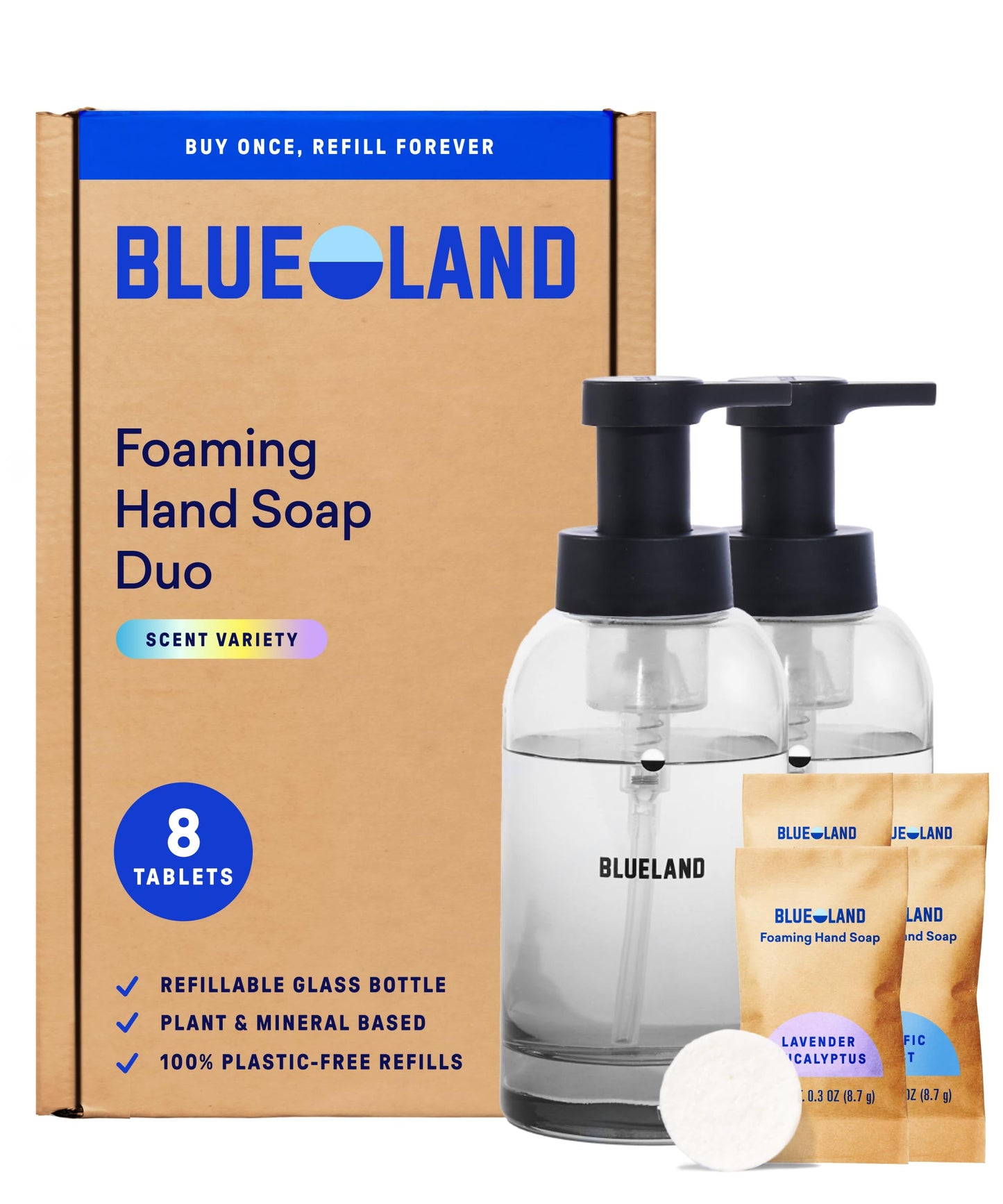 BLUELAND Hand Soap Duo - 2 Refillable Glass Foaming Hand Soap Dispensers + 8 Tablet Refills | Iris Agave Scent | Makes 8 x 9 Fl oz bottles (72 Fl oz total)