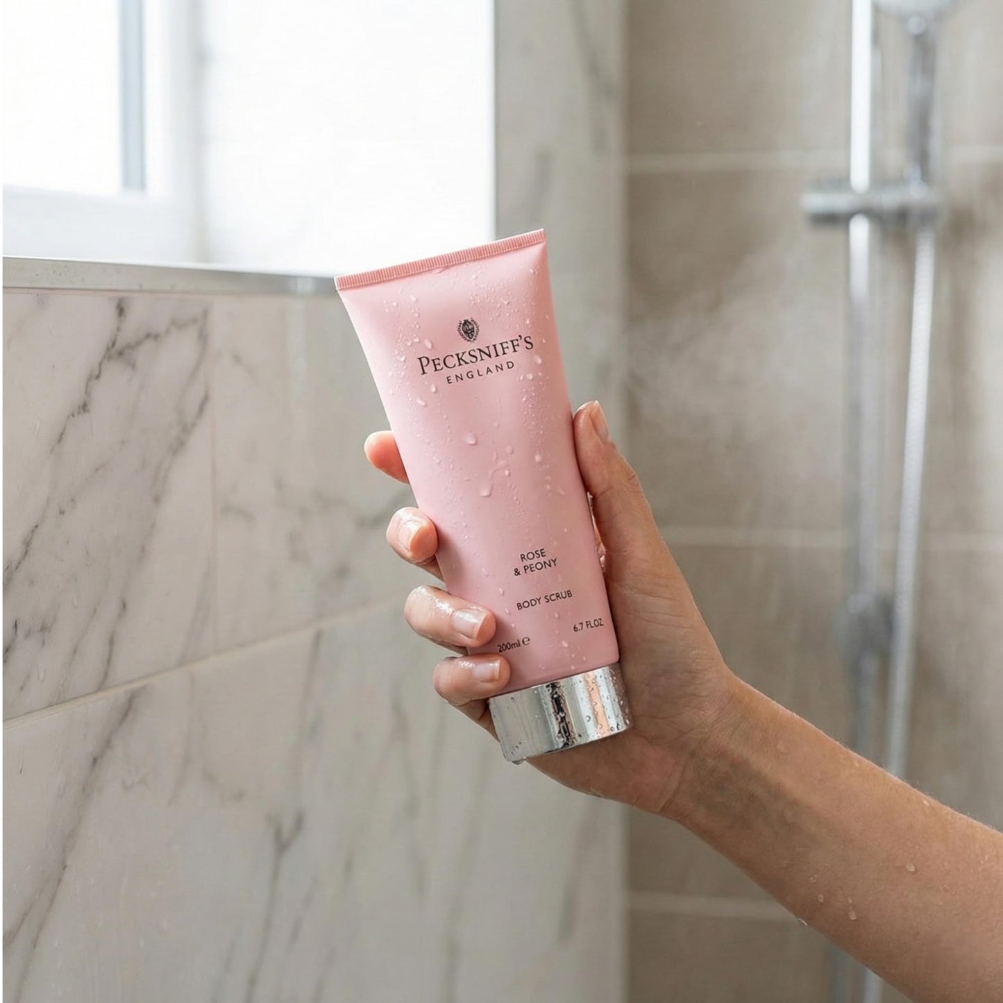 Pecksniff’s Rose and Peony Body Scrub 200ml, Gentle Exfoliating Body Polish with Floral Scent, Creamy Sugar Scrub for Smooth Soft Skin, Shower Exfoliator for Dry Dull Skin, UK Bath and Body