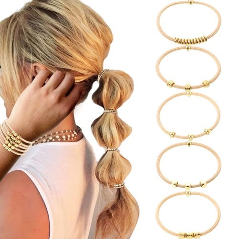 PEOVLVN 5 Pcs Hair Tie Bracelets for Women, Boho Hair Ties No Damage Elastic Hair Ties Cute Bracelet Hair Ties with Bead Ponytail Holders Hair Bands for Women Girls Hair Accessories (Beige)